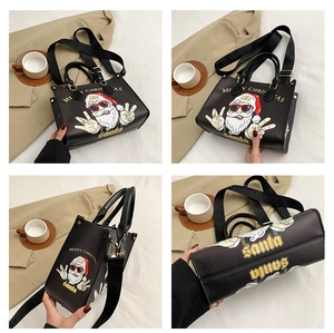 Collage of black Santa Claus tote bag with wide strap showing various angles and details