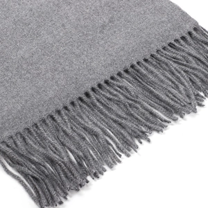 Close-up of grey wool scarf with soft fringed edges and thick woven texture details