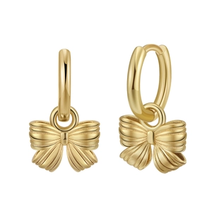 Elegant gold S925 silver bow pendant hoop earrings for women on a white background