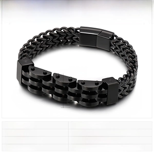 Detail view of double-layer black stainless steel biker chain bracelet with dimensions