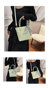 Detail of light green woven bucket bag featuring elegant silk scarf handle and long strap