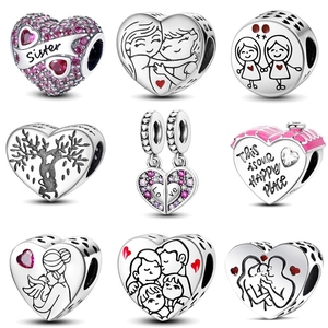 Heart Charm Bead Silver Plated Copper With Enamel And Cubic Zirconia For DIY Bracelet Necklace Jewelry Making Family Theme