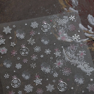 3D embossed Christmas nail stickers featuring pink snowflakes and silver holiday ornaments