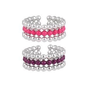 S925 sterling silver multilayer beaded open rings with pink and purple enamel accents