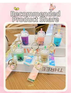 Five creative cat milk tea keychains in purple and pink with laser PVC wrist straps