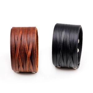 Punk wide genuine leather bracelets for men in black and brown with snap buttons
