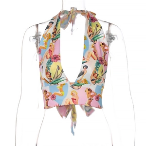 Detailansicht Damen Halter-Top mit Vintage Pin-up-Girls und tropischem Blumenmuster