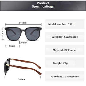 Detailed size guide for retro polygon sunglasses featuring wood grain temples and PC frame