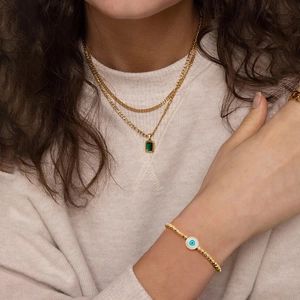 18K gold-plated beaded bracelet with blue evil eye and green emerald pendant necklace set