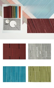 Close-up of PVC placemats with bamboo weave texture in various elegant colors