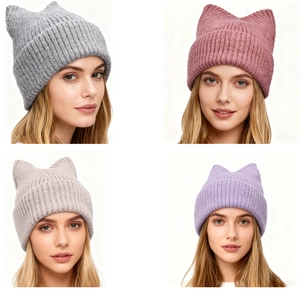 Women's cat ear knit beanie hats in grey, pink, beige, and purple ribbed styles
