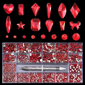 21-grid red glass rhinestone nail art kit with heart and moon shapes and dotting pen