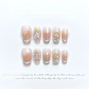 Christmas press-on nails set with snowflake art, 3D pearl tree and silver cat-eye finish