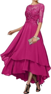 Close-up of magenta evening dress featuring lace sequins and high-low chiffon skirt