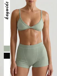 Women Ribbed Yoga Outfits Triangle Bra And High Waist Shorts Polyester Spandex Fitness Gym Y2K Sexy Spicy Girl