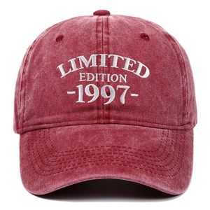 Macro detail of high-quality white Limited Edition 1997 embroidery on washed red cotton cap