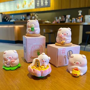 Cute pink zen pig resin figurines collection for home desk decor with gift boxes