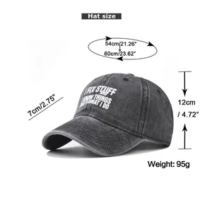Detailed size chart for washed cotton baseball cap with dimensions and weight