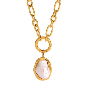 Elegant gold chain necklace with an irregular resin pearl pendant on a white background