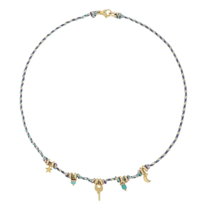 Woven boho necklace with 18K gold plated moon and key charms on a white background