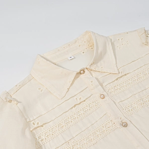Chic cream white women blouse featuring lace trim hollow embroidery and pearl buttons
