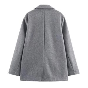 Back view of classic grey mid-length wool coat with a single button tailored fit