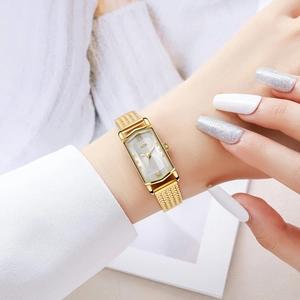 Elegant women's rectangular gold watch with grey sunray dial and Milanese mesh band