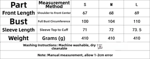 Size chart detail for cotton linen embroidered jacket showing measurements and care info