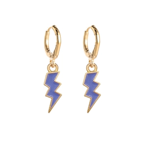 Detail of gold hoops with purple lightning bolt pendants featuring oil drip craft