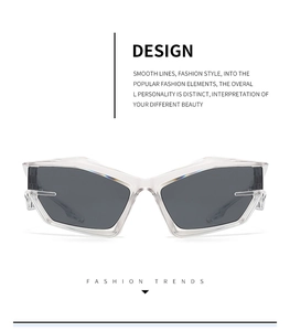 Macro shot of futuristic geometric sunglasses with transparent frames and dark lenses