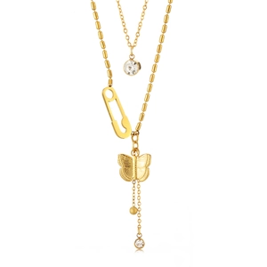 Gold double-layered necklace with 3D butterfly, paperclip, and zircon tassel charms
