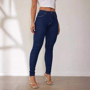 Slim fit high waist dark blue jeans with white contrast stitching for women