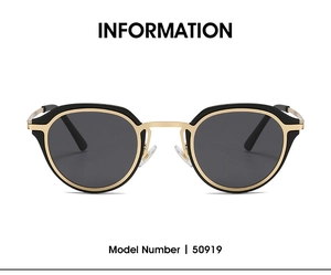 Detail view of oval metal sunglasses model 50919 with adjustable nose pads and black frames
