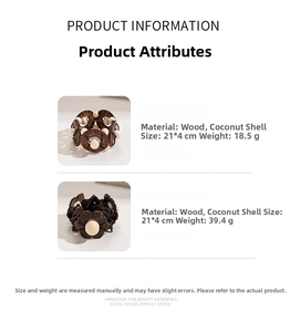 Detail view of handcrafted wood and coconut shell beaded bracelets with product dimensions