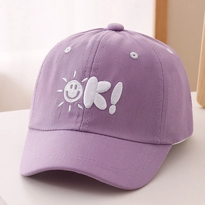 Detail of purple cotton kids baseball cap with white Sun OK 3D embroidery and texture
