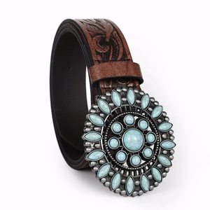Vintage bohemian brown leather belt with floral embossing and turquoise gemstone buckle