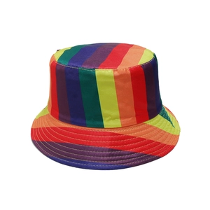 Detail of vibrant rainbow striped bucket hat with vertical and horizontal color patterns