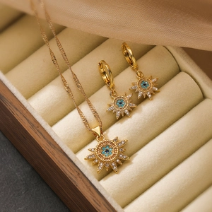 18K gold plated sun necklace and earrings set with blue turquoise and zircons