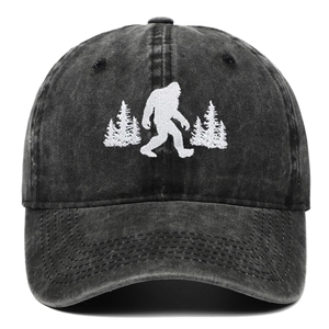 Washed black denim baseball cap featuring white Bigfoot embroidery with retro texture