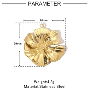 Technical drawing showing 26mm x 29mm dimensions of the 14k gold plated flower pendant