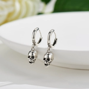 Retro punk style skull drop earrings in oxidized silver finish for men and women