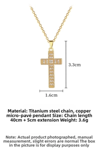 Detailed specs of cross necklace with 45cm titanium chain and 3.3x1.6cm zircon pendant