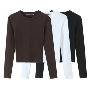 T-Shirt Femmes Manches Longues Col Rond Tricot Côtelé Coupe Ajustée Décontracté Couleur Unie Streetwear Haut Basique