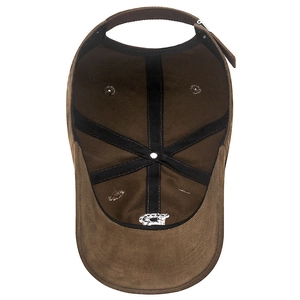 Inside view of dark brown baseball cap showing sweatband and adjustable metal buckle