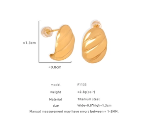 Detailed view of gold titanium steel C-hoop earrings with twisted geometric pattern and size specs