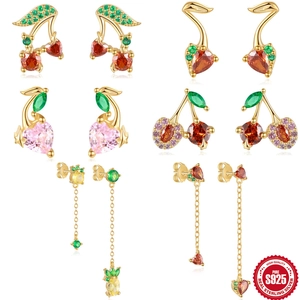 925 Sterling Silver Fruit Stud Earrings Zirconia Pineapple Cherry Heart Gold Plated Dainty Jewelry For Women Daily Gift