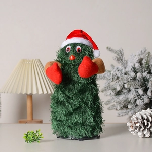 Electric rotating Christmas tree plush toy with hat and gloves for festive decoration