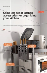 Detail view of kitchen microwave rack with hooks for knives, chopsticks and cutting boards