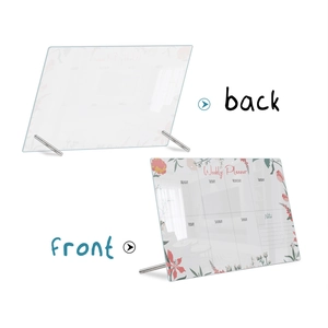 Front and back views of 3D acrylic weekly planner with floral patterns and metal stands