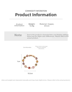 Detailed view of 18k gold plated bracelet with colorful zircon stones and dimensions